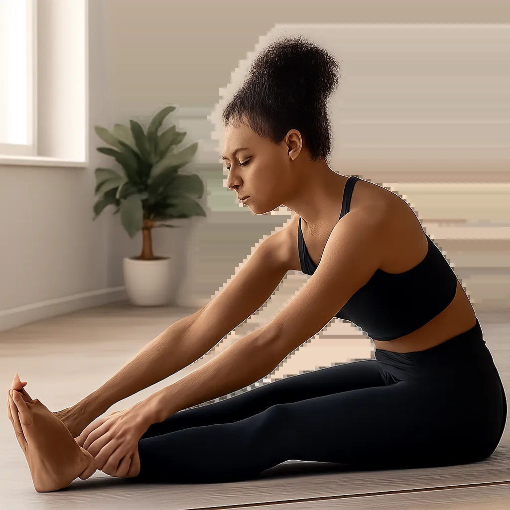 Une scène moderne illustrant un étirement doux après l’effort, dans une ambiance calme et rassurante. L’image évoque la récupération, le relâchement et le confort musculaire.