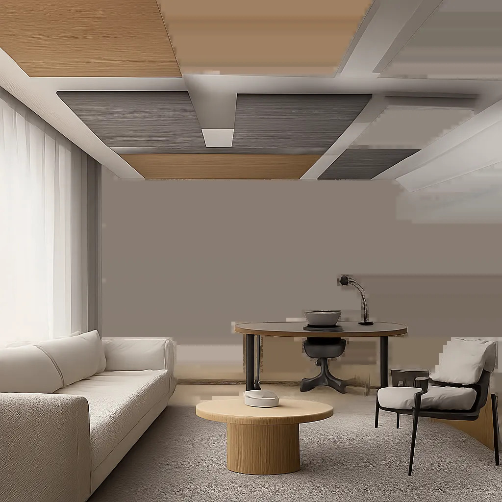 Intérieur moderne mettant en valeur des panneaux acoustiques de plafond au rendu élégant et discret. L’image illustre une solution premium pour réduire l’écho sans dénaturer la décoration.