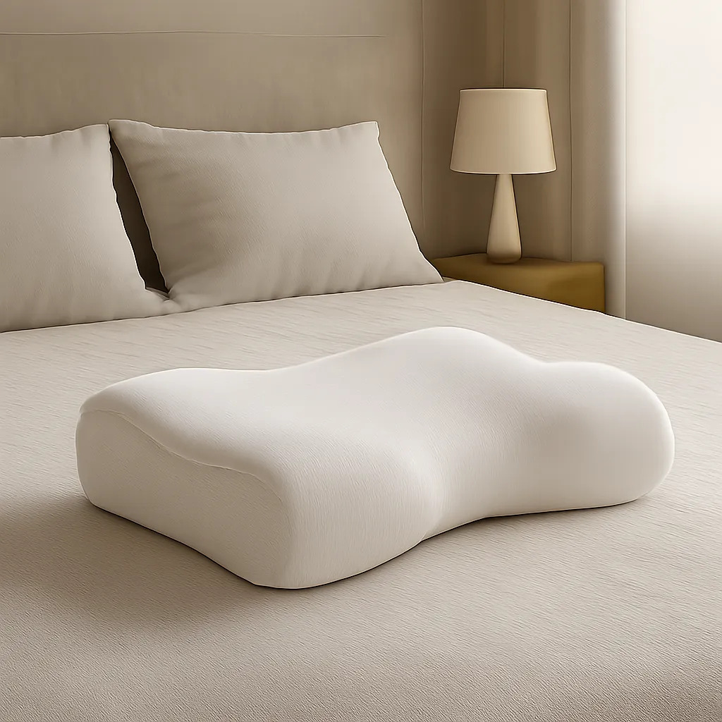 Visuel éditorial d’un oreiller cervical haut de gamme dans une chambre épurée. L’image évoque le soutien de la nuque, le confort et la récupération nocturne.