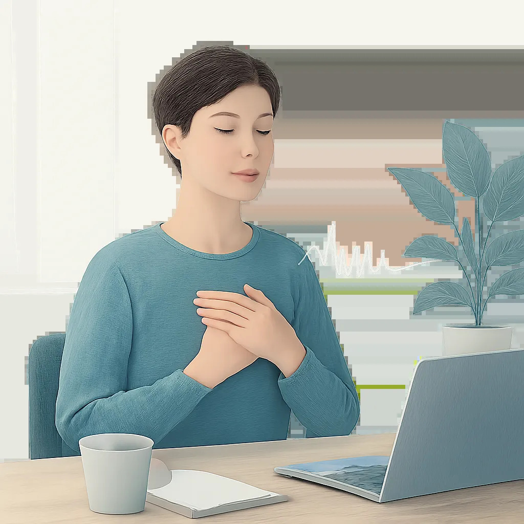 Illustration éditoriale d’une pratique de respiration guidée pour réduire le stress et favoriser la récupération. Ambiance moderne, apaisante et professionnelle, adaptée à un article santé et bien-être.